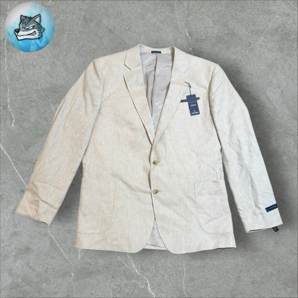 New Stafford Classic Fit Linen Cotton Sand Herringbone Sport Coat Blazer 48L